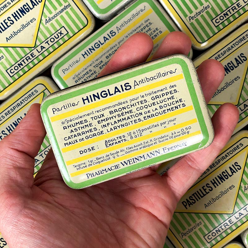 petite boite métallique coffret pastilles hinglais pharmacie ancienneweinmann antibacillaires contre la toux 1930 1940 epernay marne 9,5cm 6cm
