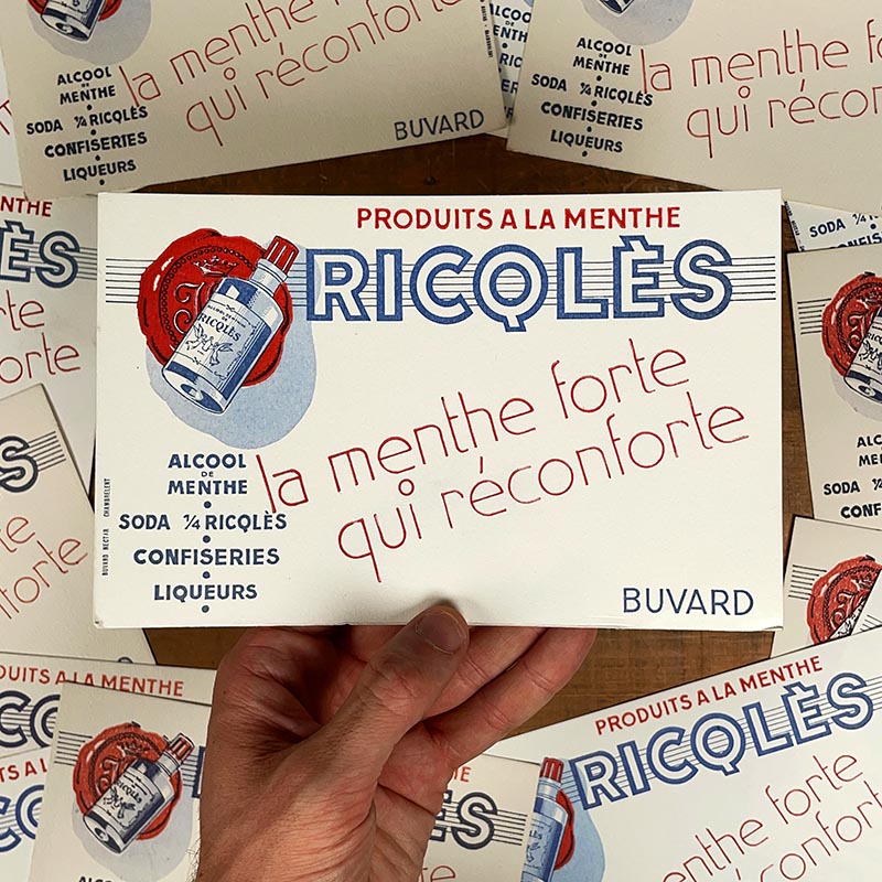buvard publicitaire ancien vintage alcool de menthe ricqles illustration 1960 1950