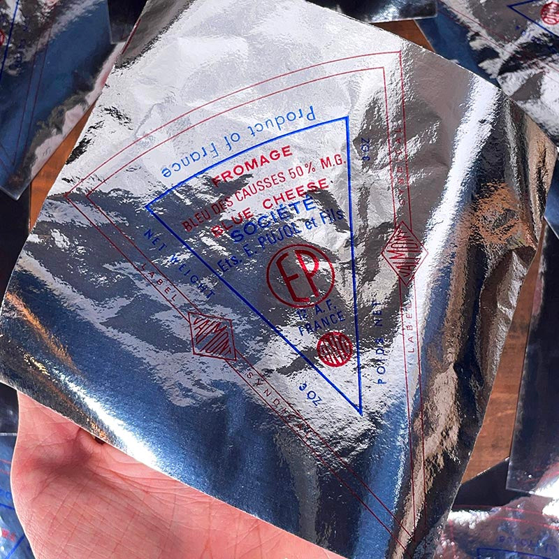 papier emballage fromage ancien vintage fromagerie 1950 1960 bleu des causses emile pujol métallisé métallique