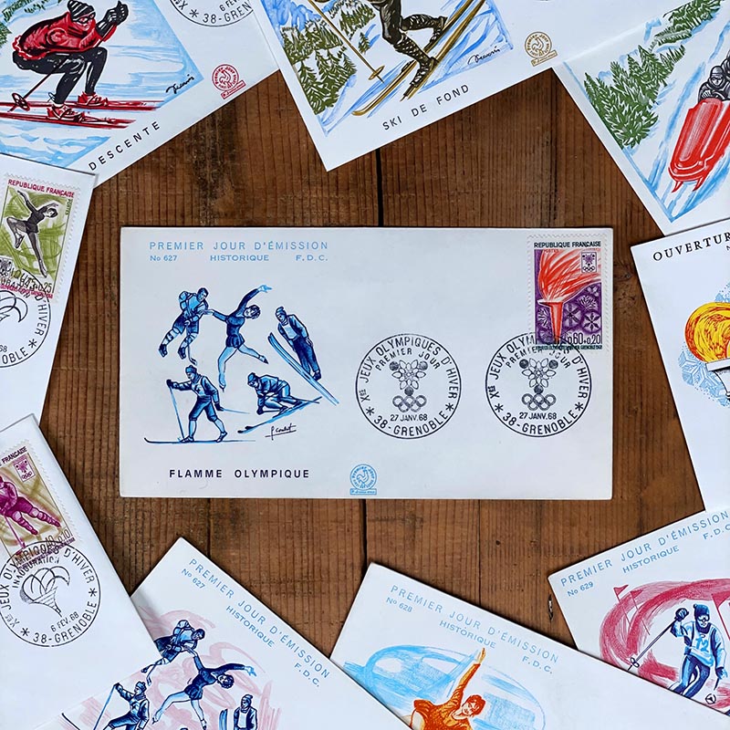 enveloppe premier jour jo jeux olympiques grenoble 68 timbre sortie officielle la poste ancienne vintage 1968 france