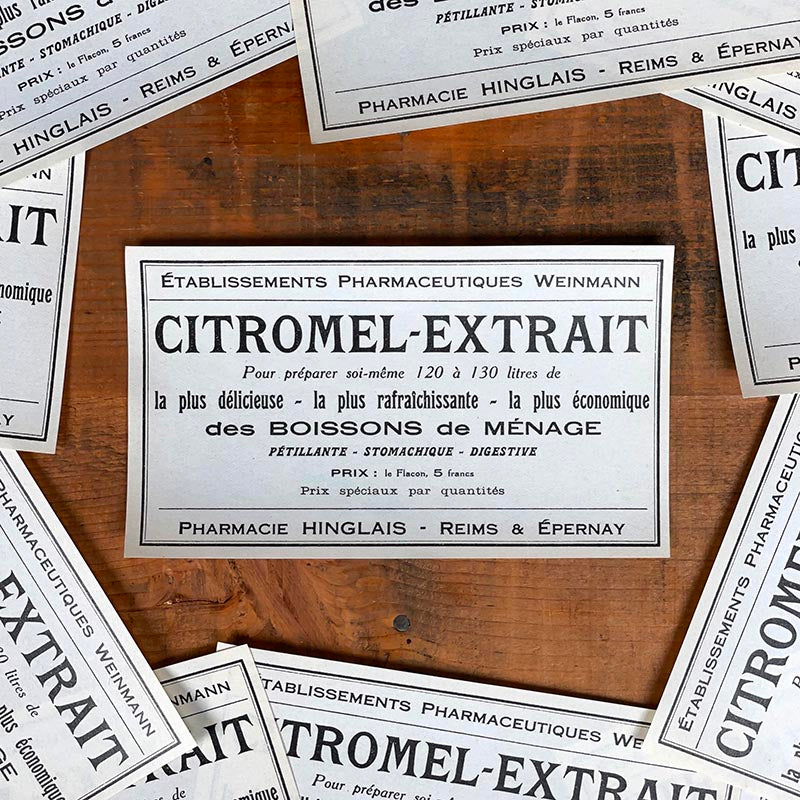 étiquette ancienne pharmacie hinglais reims epernay marne 1900 1920 citromel extrait boisson