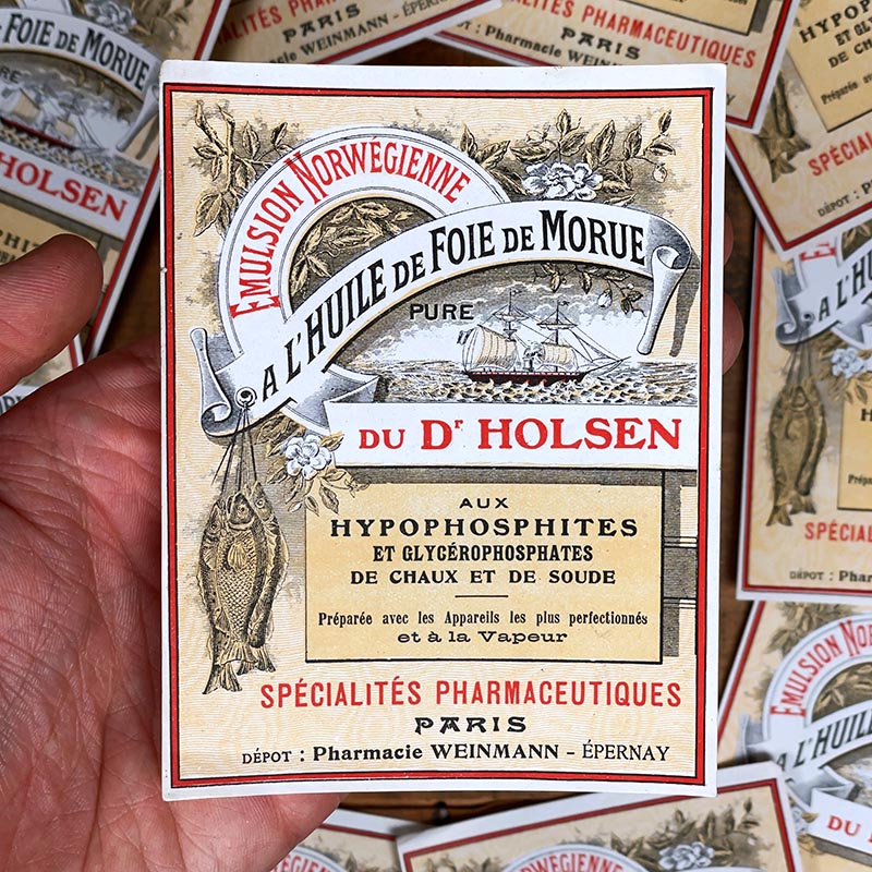étiquette ancienne pharmacie hinglais reims epernay marne 1900 1920 emulsion norwégienne à l'huile de foie de morue pure dr holsen
