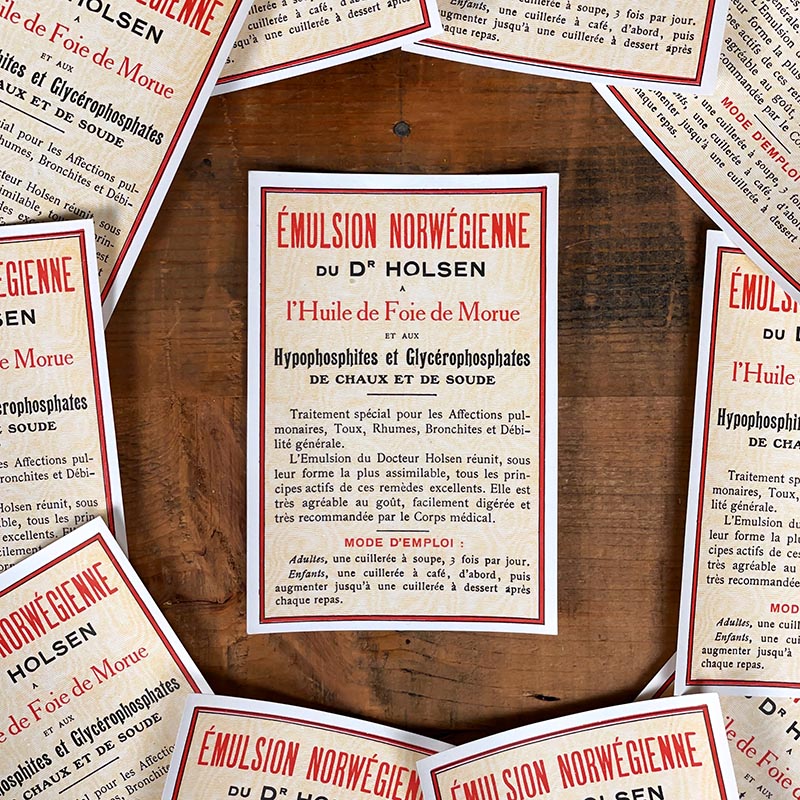 étiquette ancienne verso pharmacie hinglais reims epernay marne 1900 1920 emulsion norwégienne à l'huile de foie de morue pure dr holsen