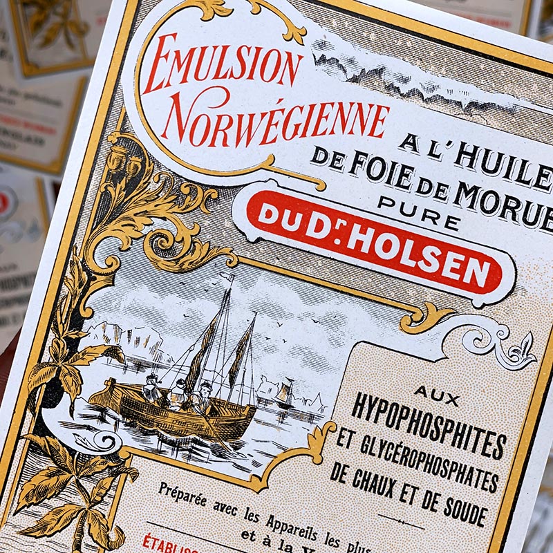 étiquette ancienne pharmacie hinglais reims epernay marne 1900 1920 emulsion norwégienne à l'huile de foie de morue pure dr holsen