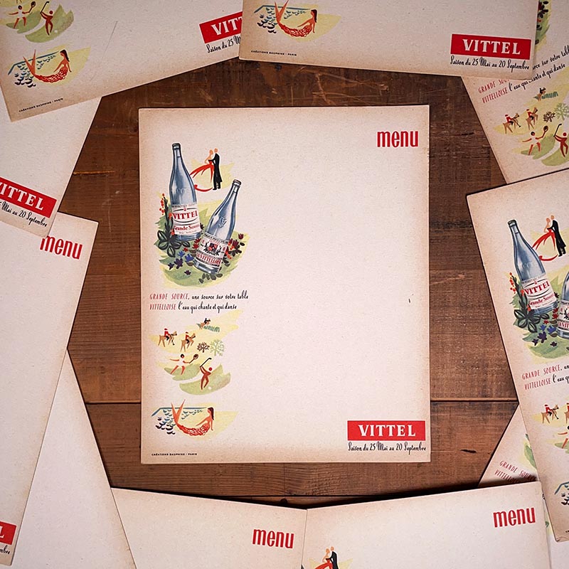 grand menu papier ancien vittel vittelloise vintage eau de source 1950 1960