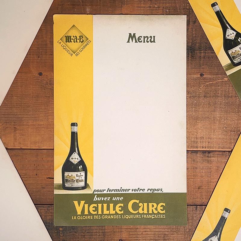 menu ancien en papier illustré illustration liqueur vieille cure alcool 1930 1940