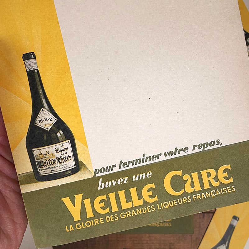 menu ancien en papier illustré illustration liqueur vieille cure alcool 1930 1940