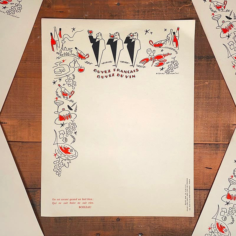menu ancien en papier illustré illustration buvez français comité en faveur du vin france 1960 1950 boileau