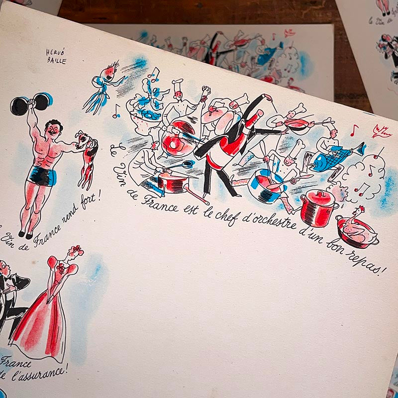 menu ancien en papier illustré illustration hervé baille comité en faveur du vin france 1960 1950