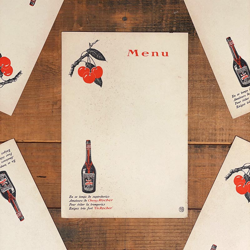menu ancien en papier illustré illustration un cherry rocher cerise aperitif alcool 1930 1940