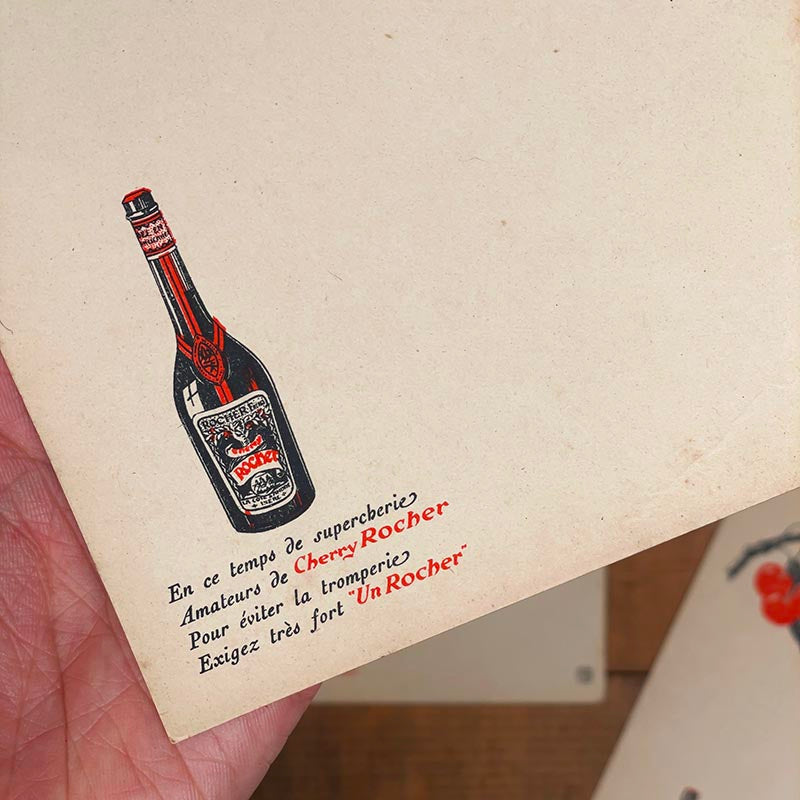 menu ancien en papier illustré illustration un cherry rocher cerise aperitif alcool 1930 1940