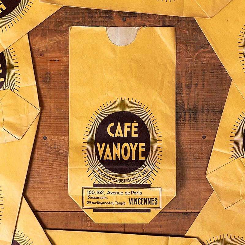 sachet ancien café vanoye vincennes jaune 250 grammes illustration emballage papier vintage 1930 1940