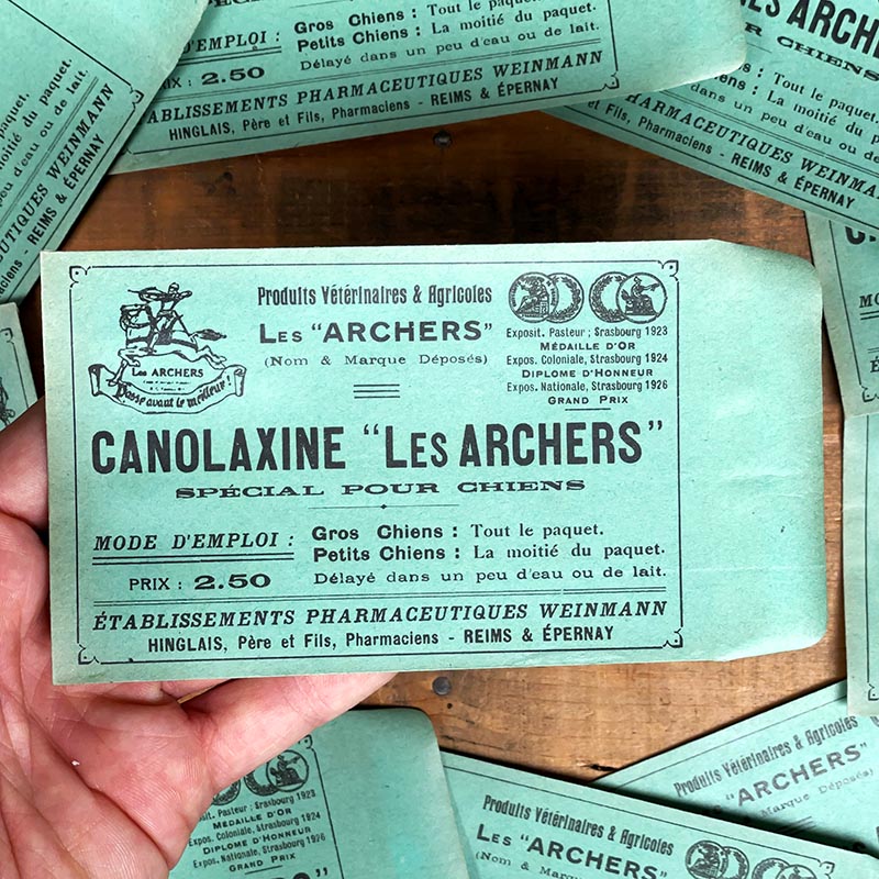 sachet ancien pharmacie hinglais reims epernay marne 1900 1920 canolaxine les archers chiens vétérinaire