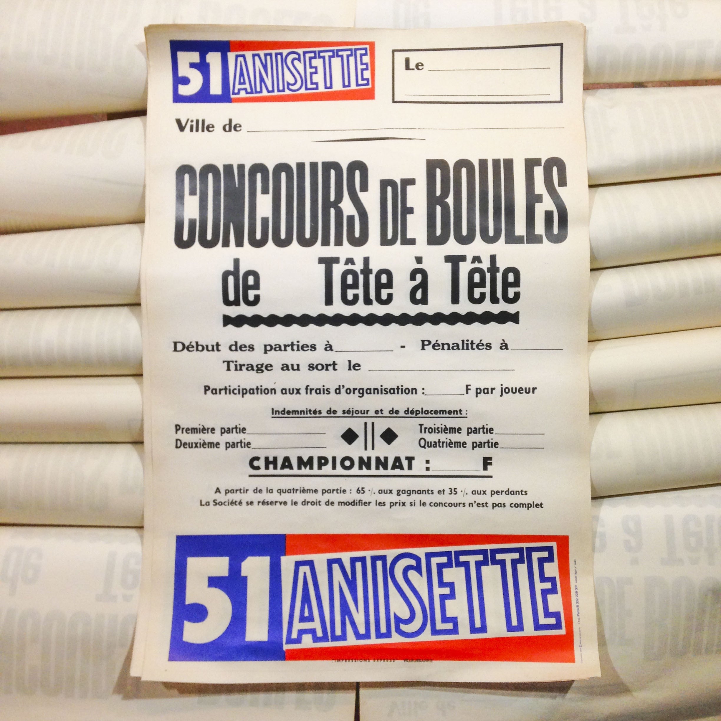 51 anisette affiche papier concours boules tête à tête pétanque ancien vintage imprimerie 1960