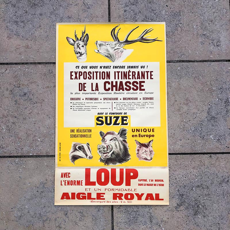 affiche ancienne papier suze apéritif bal musette guinguette fête concert 1950 exposition itinerante de la chasse loup aigle