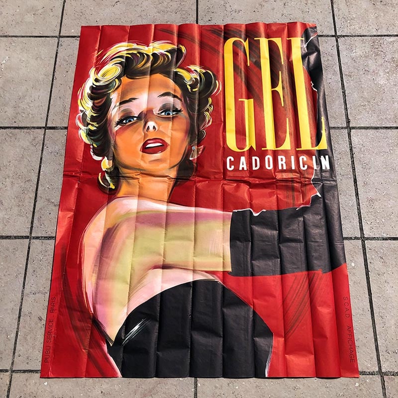 très grande affiche publicitaire gel cadoricin rouge femme 1950 publi service paris scad affichage femme