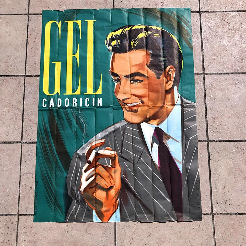 très grande affiche publicitaire gel cadoricin vert femme 1950 publi service paris scad affichage homme