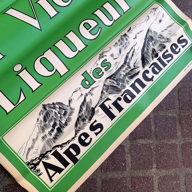 grande affiche publicitaire génépi meunier liqueur alpes montagne décoration murale vintage ancienne 1920 1930