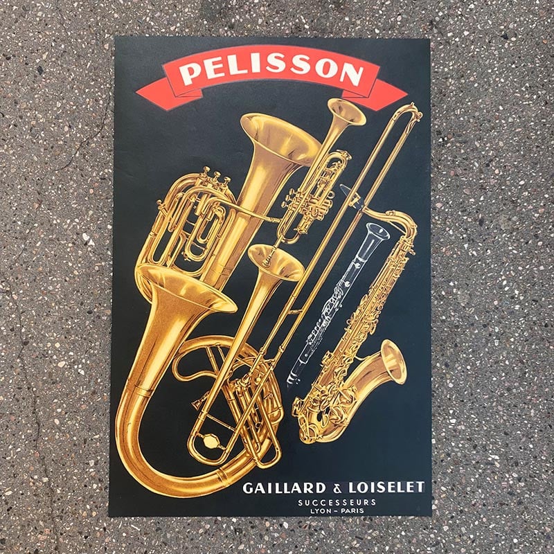 affiche ancienne de luthier vents bois cuivre pelisson lyon paris saxophone hautbois 1920 1930 musique instrument fabricant
