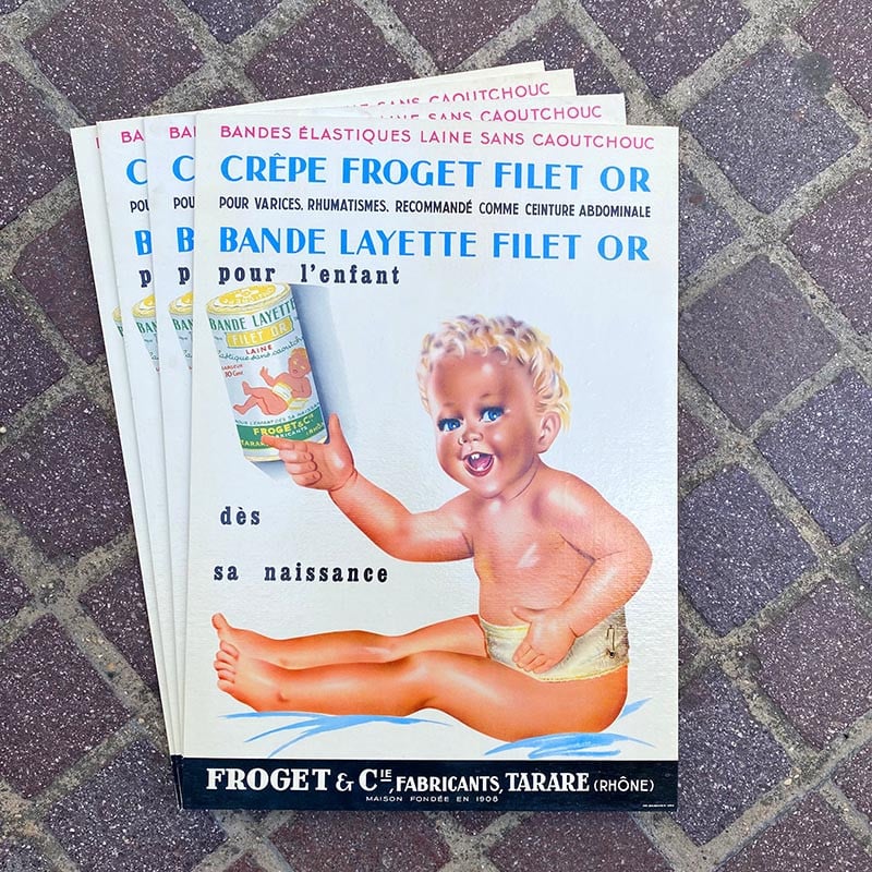affiche publicitaire froget filet or crêpe couche bébé nouveau né ancien vintage carton cartonnée épicerie 1930