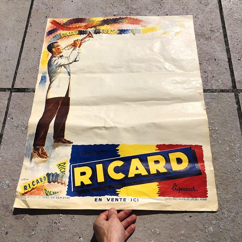 affiche ancienne papier ricard musicien musique bal musette guinguette fête concert 1950 1960 alcool trompettiste trompette