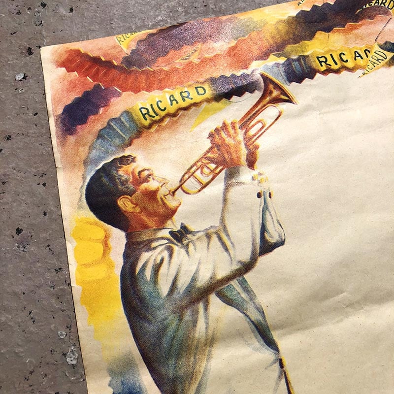 affiche ancienne papier ricard musicien musique bal musette guinguette fête concert 1950 1960 alcool trompettiste trompette
