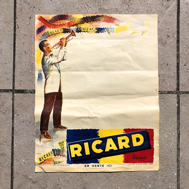 affiche ancienne papier ricard musicien musique bal musette guinguette fête concert 1950 1960 alcool trompettiste trompette
