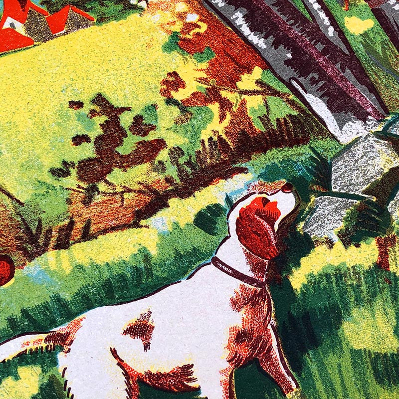 affiche illustration illustrée vue de chasse chasseur ancienne vintage 1950 roiron lorette j paret décor décoration