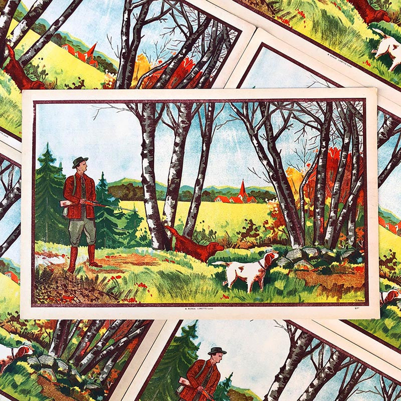 affiche illustration illustrée vue de chasse chasseur ancienne vintage 1950 roiron lorette j paret décor décoration