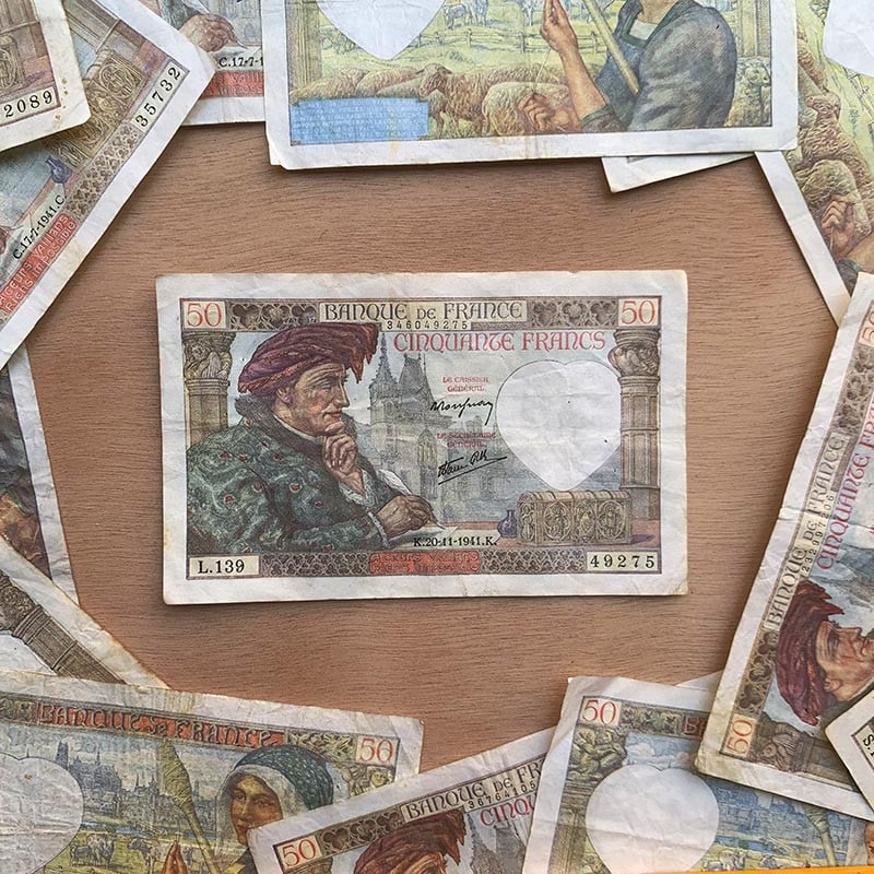 billet 50 francs jacques coeur bourges 1940 1945 Guerre france ancien vintage collection papier illustration
