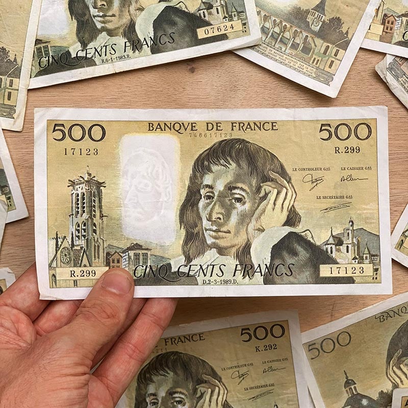billet 500 francs pascal blaise pascaux france ancien vintage collection papier illustration gainsbourg