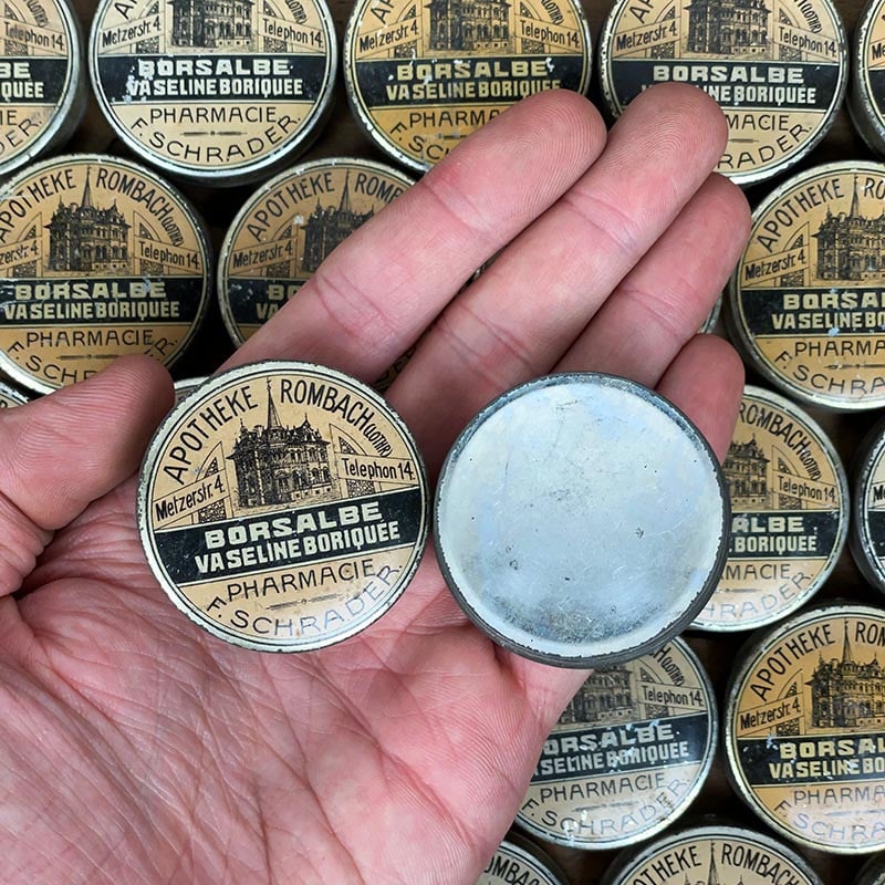 boite ronde métallique métal f schrader borsalbe vaseline boriquée ancienne petite pharmacie 1930