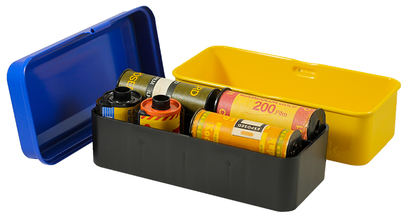 boite de rangement kodak case grosse 120 moyen format grande pellicules 35mm métal métallique vintage argentique jaune et bleu