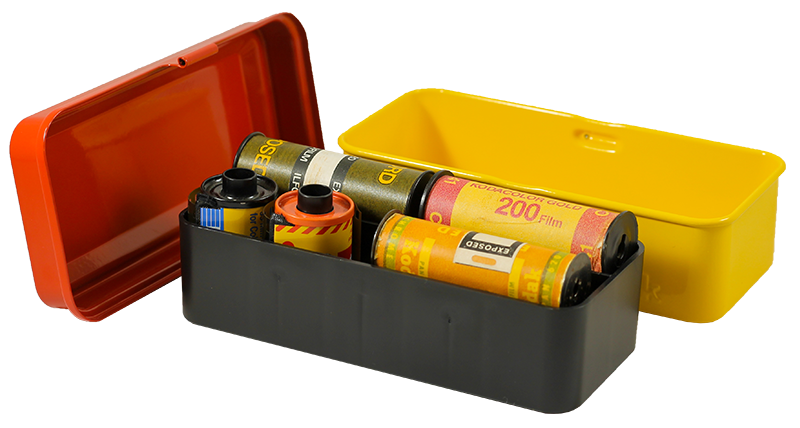 boite de rangement kodak case grosse 120 moyen format grande pellicules 35mm métal métallique vintage argentique jaune et rouge