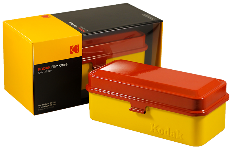 boite de rangement kodak case grosse 120 moyen format grande pellicules 35mm métal métallique vintage argentique jaune et rouge