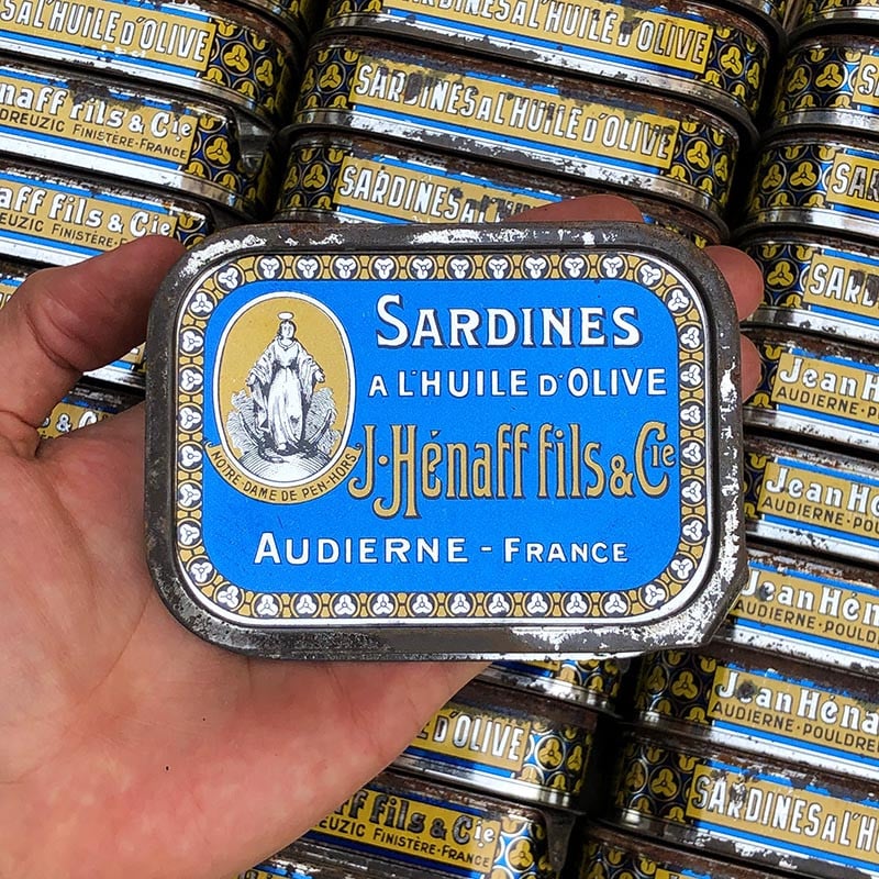 boite sardines conserve huile ancienne jean henaff audierne pouldreuzic 1950 vintage lithographie notre dame de pen hors