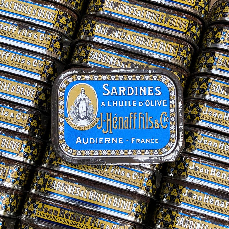 boite sardines conserve huile ancienne jean henaff audierne pouldreuzic 1950 vintage lithographie notre dame de pen hors