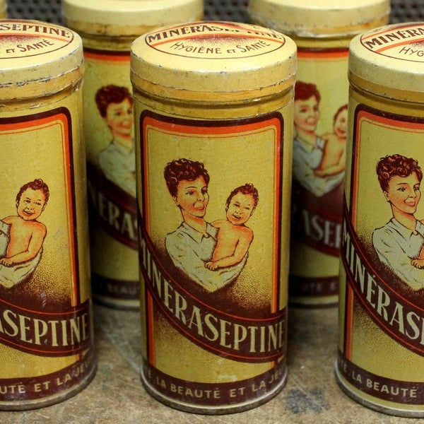 boite de talc mineraseptine pharmacie ancienne vintage 1930 1940 illustration santé