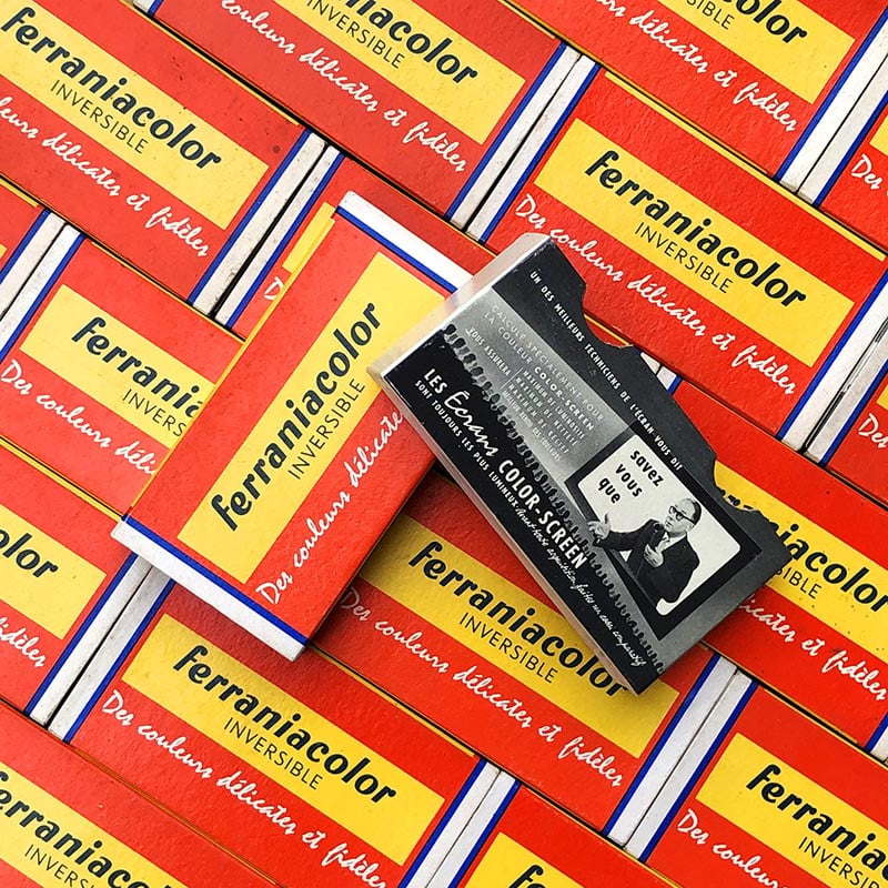 boite ferrania ferraniacolor inversible rangement diapo film pellicule argentique slide 1950 laboratoire photo
