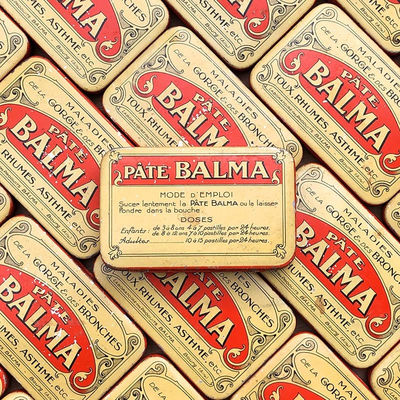 boite coffret pate balma toux rhumes gorges maladies coffret ancien vintage jaune et rouge pharmacie 1930 bourg ain