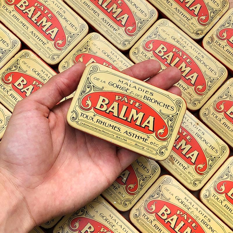 boite coffret pate balma toux rhumes gorges maladies coffret ancien vintage jaune et rouge pharmacie 1930 bourg ain