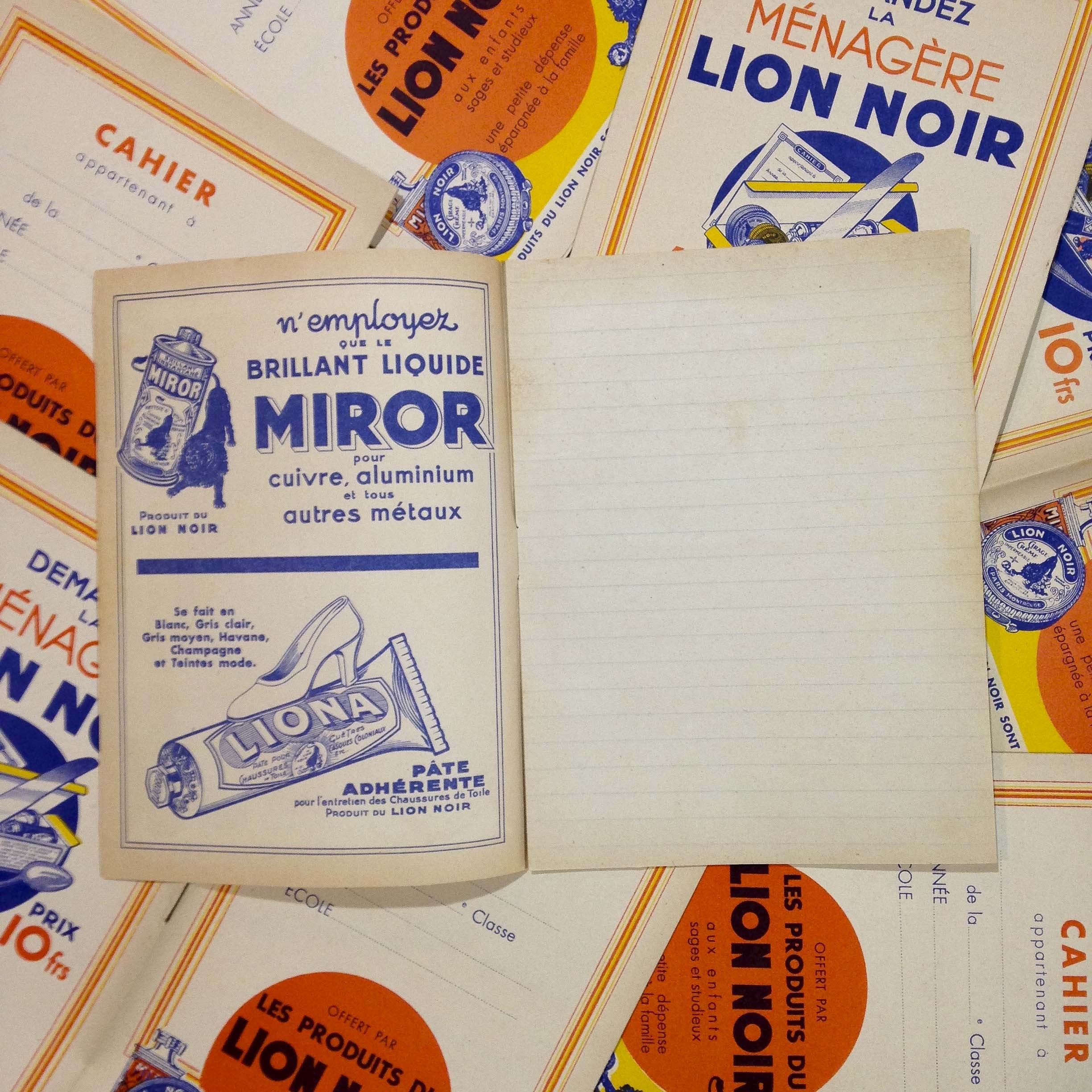cahier lion noir ancien papier vintage épicerie 1950 école