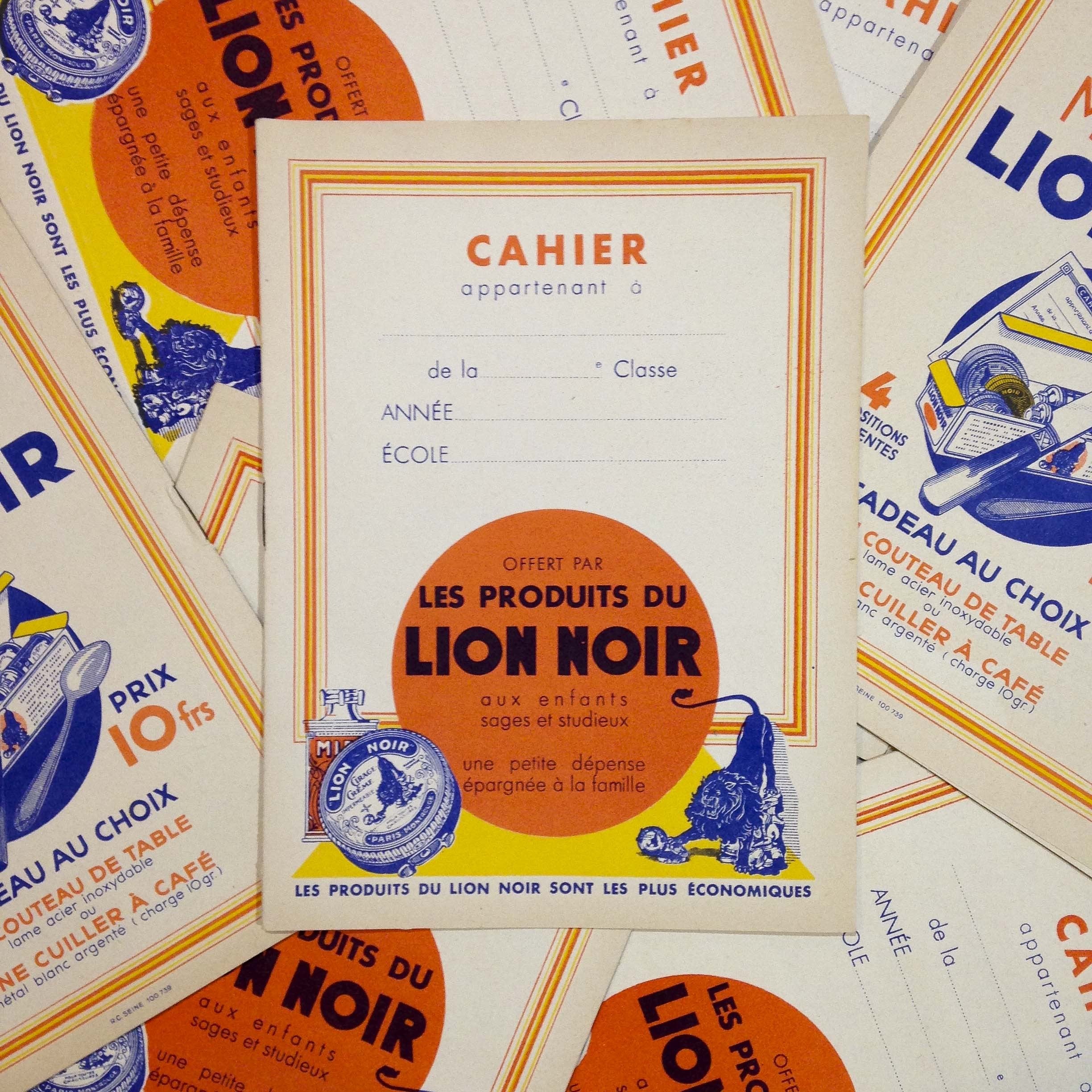 cahier lion noir ancien papier vintage épicerie 1950 école