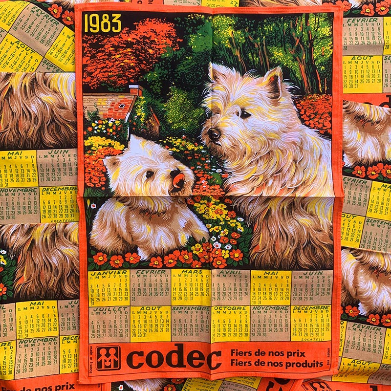 torchon calendrier ancien codec 1983 yorkshire coton chiffon vintage kitsch
