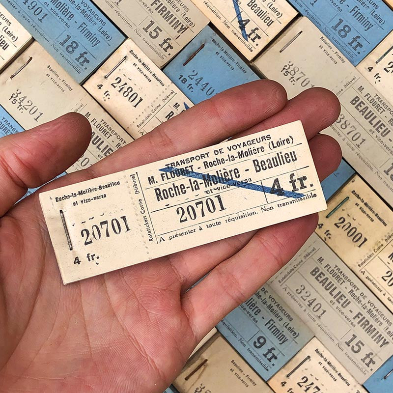 carnet de 100 tickets de bus car papier firminy beaulieu 1930 m flouret loire numéroté individuel numero unique ancien vintage