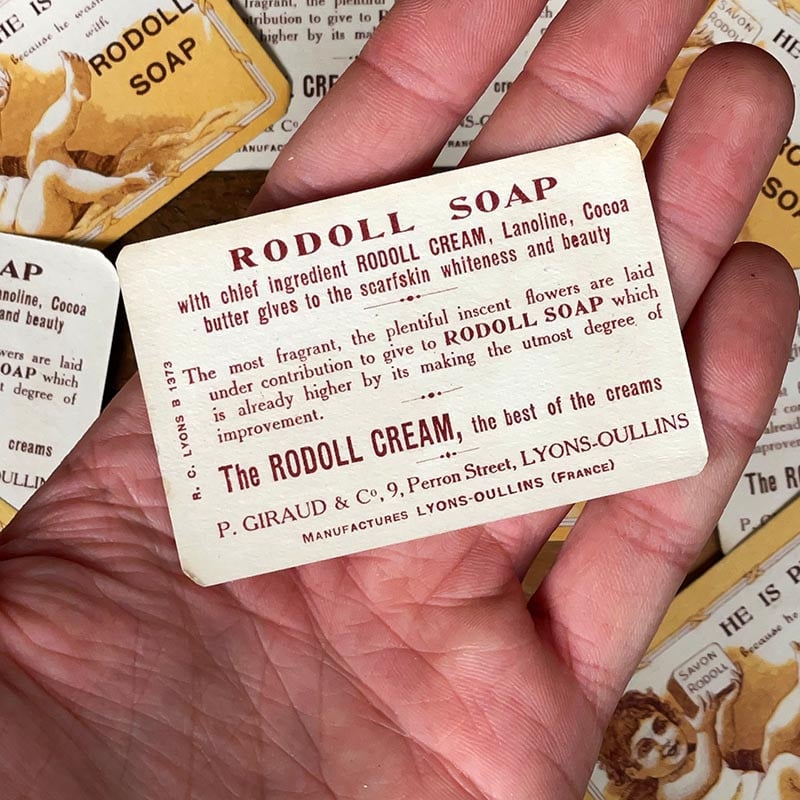 petite carte publicitaire savon rodoll ancienne vintage 1930 1940 parfumerie pharmacie illustrée illustration angleterre soap
