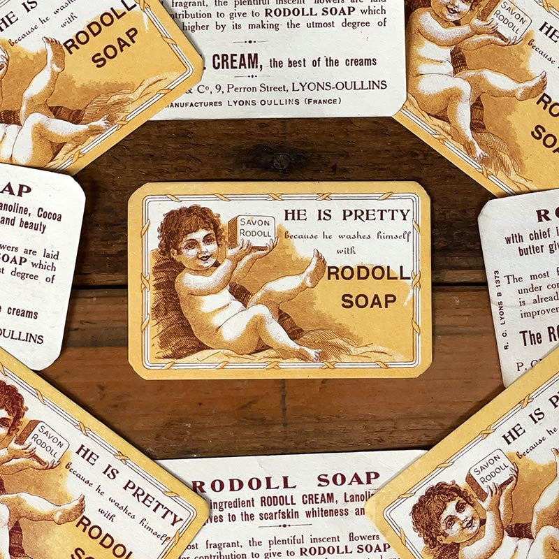 petite carte publicitaire savon rodoll ancienne vintage 1930 1940 parfumerie pharmacie illustrée illustration angleterre soap