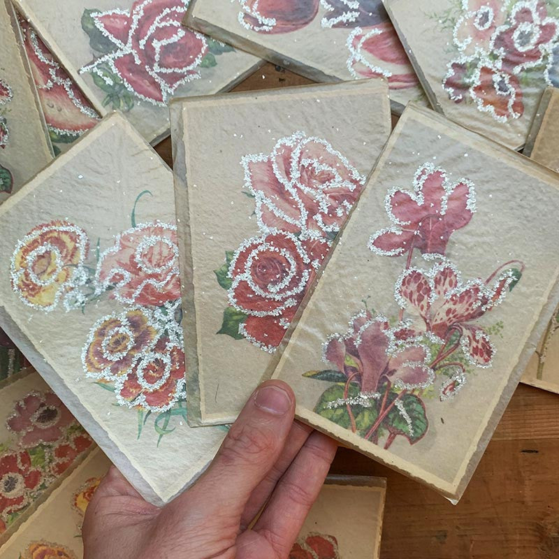 carte postale ancienne vintage photo chromo fleurs pailettes brillant fantaisie 1900 1910 1920 1930 couleur CP CPA france