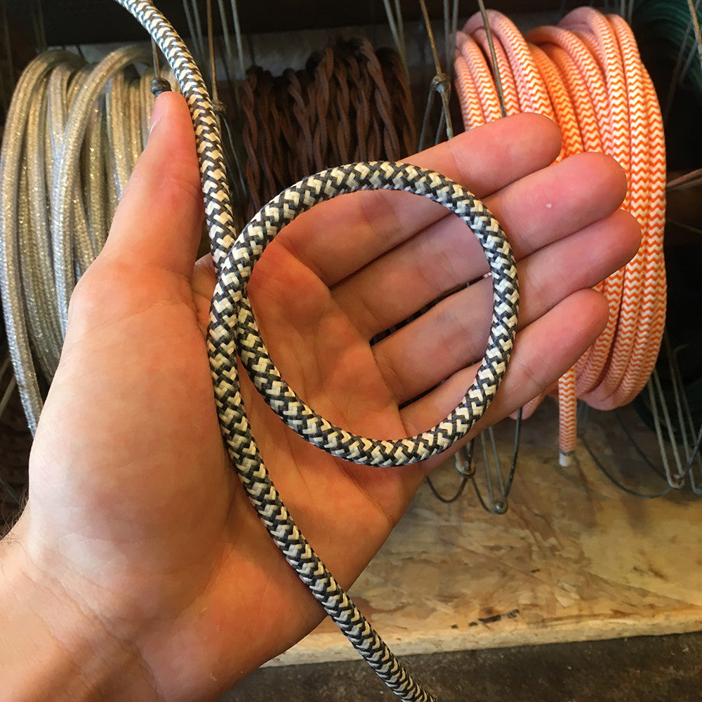 cable electrique fil textile vintage tissu croisillon chanvre et graphite rond