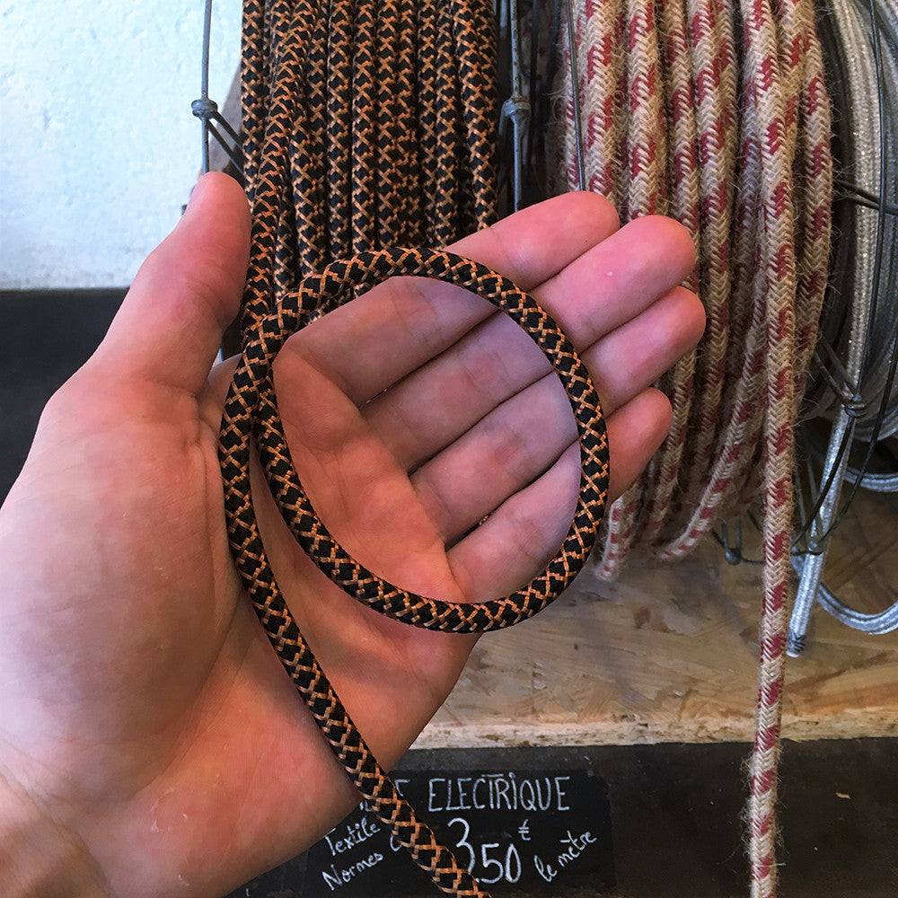 cable electrique fil textile vintage tissu croisillon whisky or doré noir rond